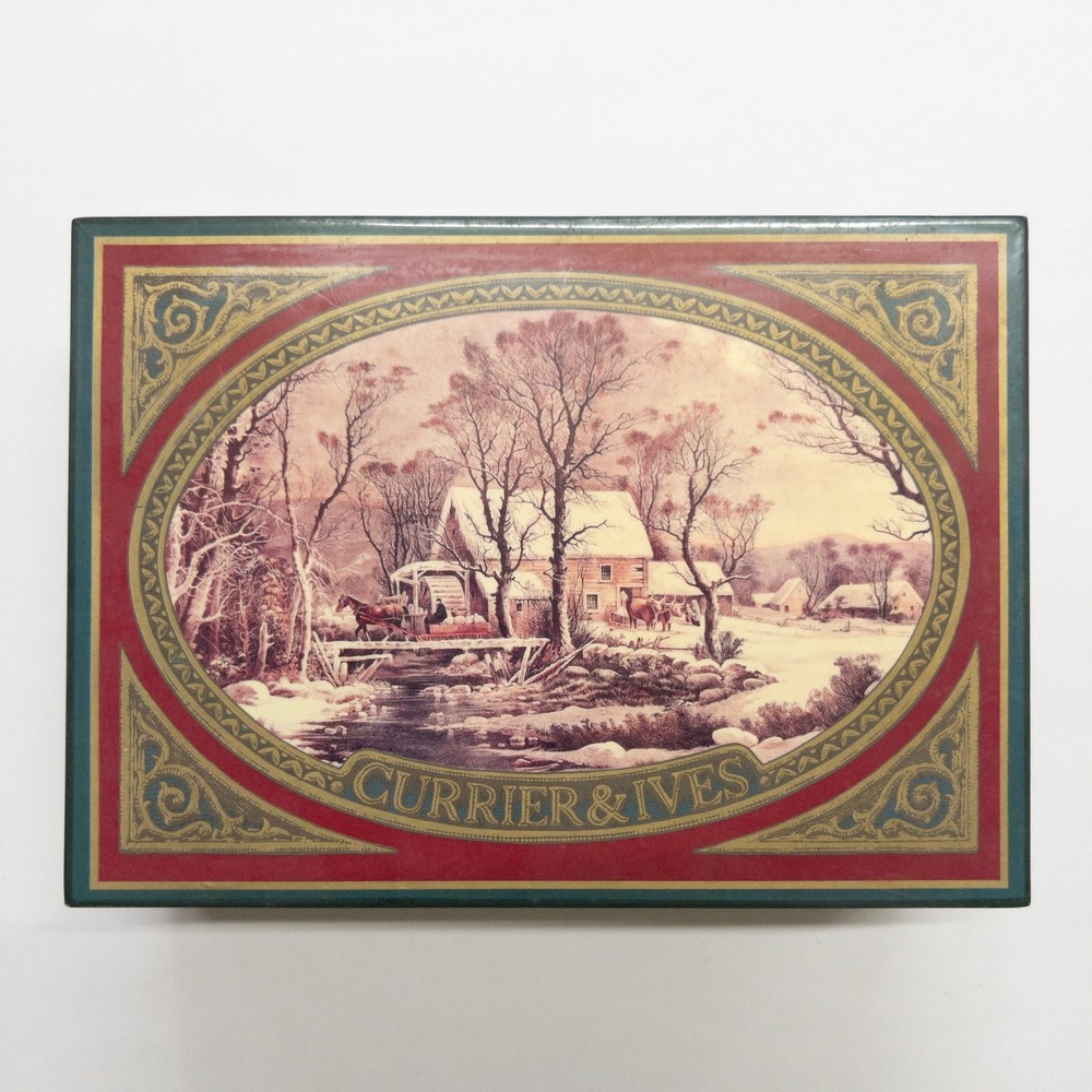VTG Currier & Ives Winter Wonderland‎ Music Box Red Velvet Hinged Gift Display